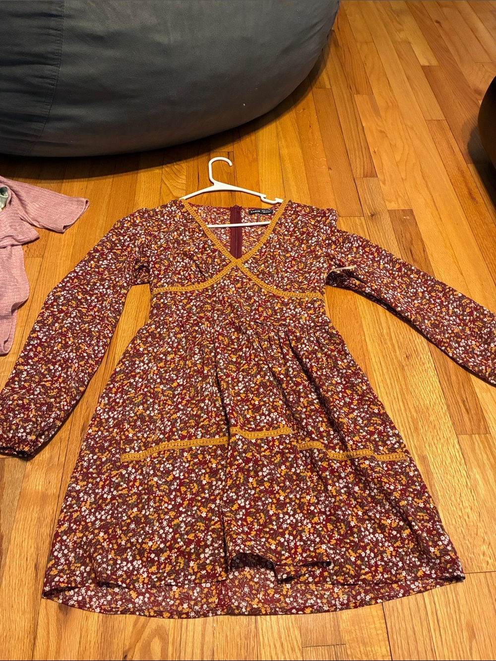 Burgundy Floral Long Sleeve V-Neck Dress with Mustard Trim